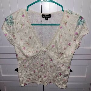Self Esteem Womens Floral Lace V-Neck Top White Pink‎ Rose Y2K Babydoll Medium